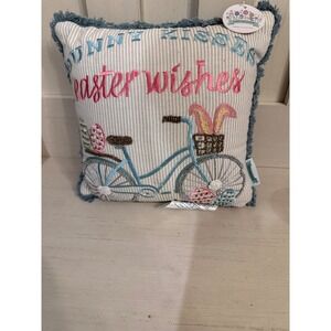 Bunny Boulevard Easter Wishes Bicycle Embroidered Beaded Fringe Throw Pillow NEW